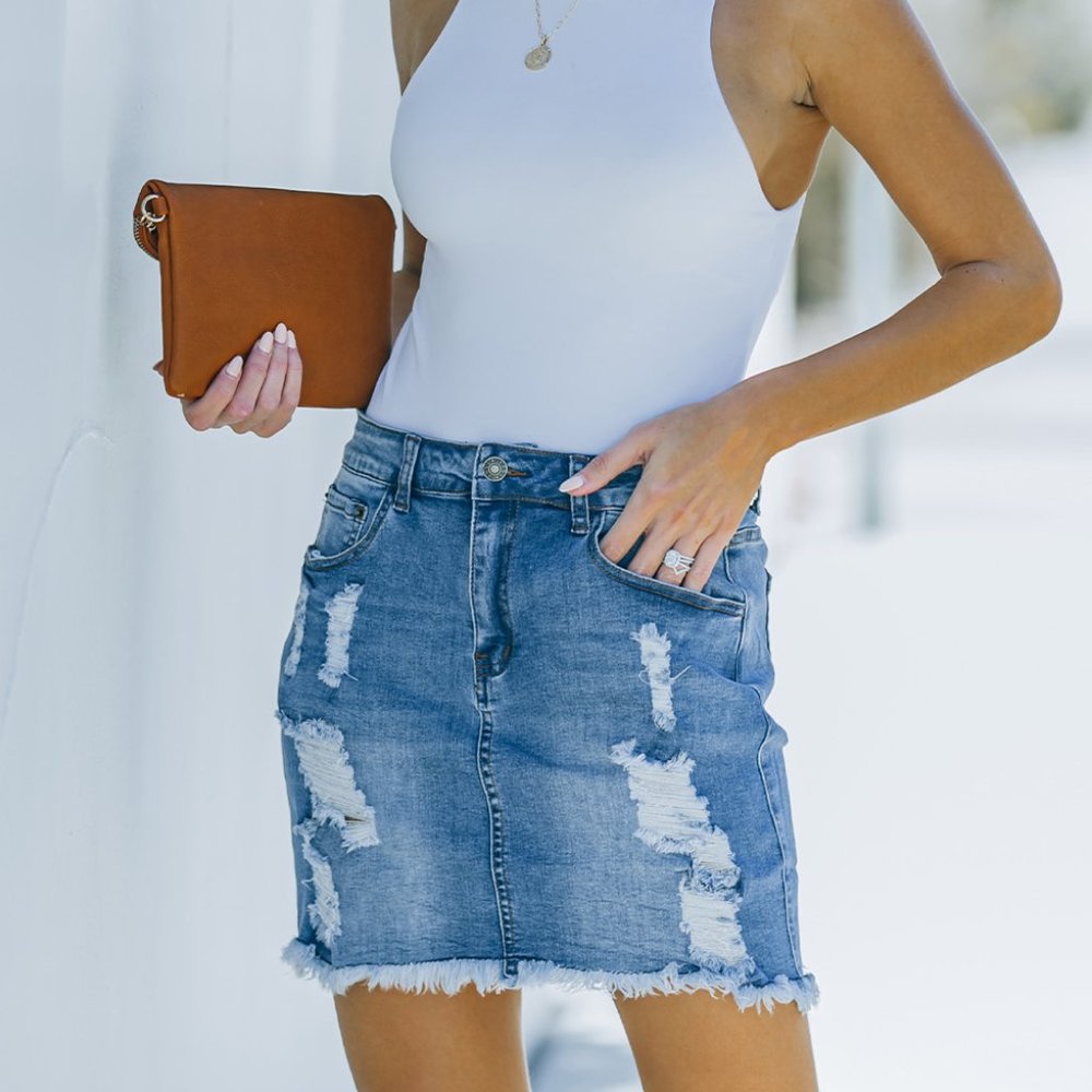 Blue Distressed Raw Hem Denim Jean Mini Skirt - Picture 4 of 7